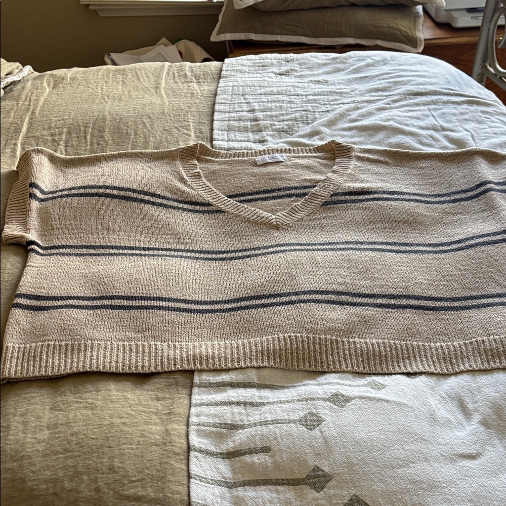 Carly Jean Los Angeles Beige V-Neck Sweater with Navy Stripes